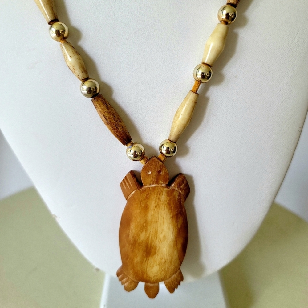 Vintage Hand Carved Bone Turtle Pendant Necklace